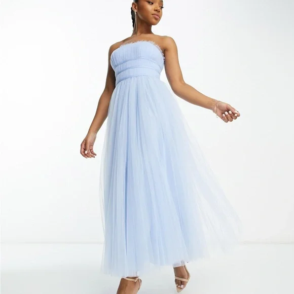 blue strapless dress asos Rent ASOS DESIGN Tall Bandeau Mesh Midi Dress In Pale Blue main image 1